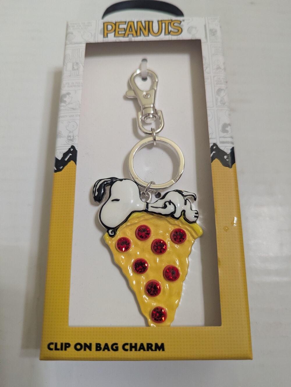 NEW Snoopy Peanuts with PIZZA Keychain/Clip On Bag Charm Stone Rhinestones